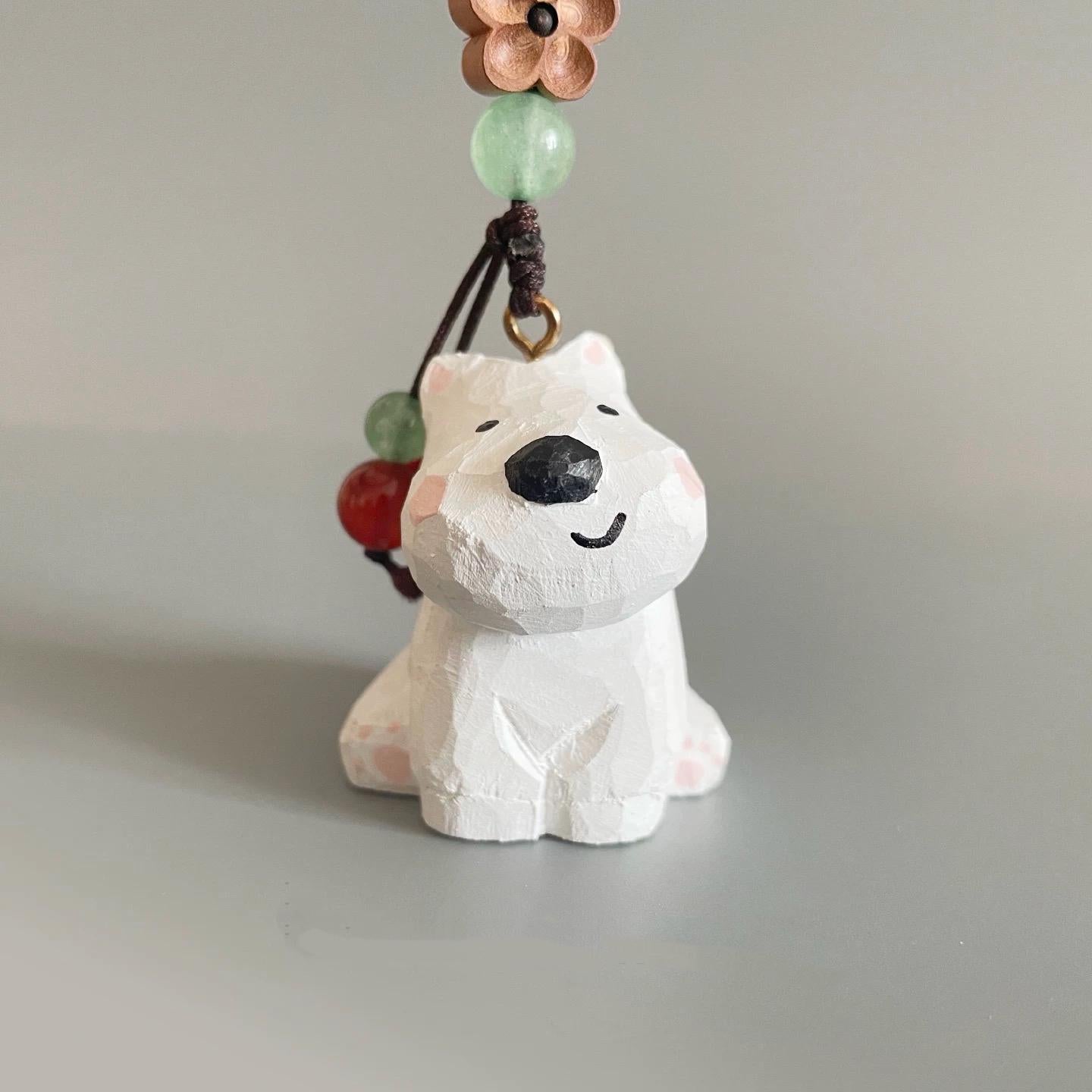 Japanese Style Wooden West Highland Terrier Keychain, Hand Carved White Dog Pendant, Cute Westie Dog Bag Charm, Mini Dog Figurine Gift