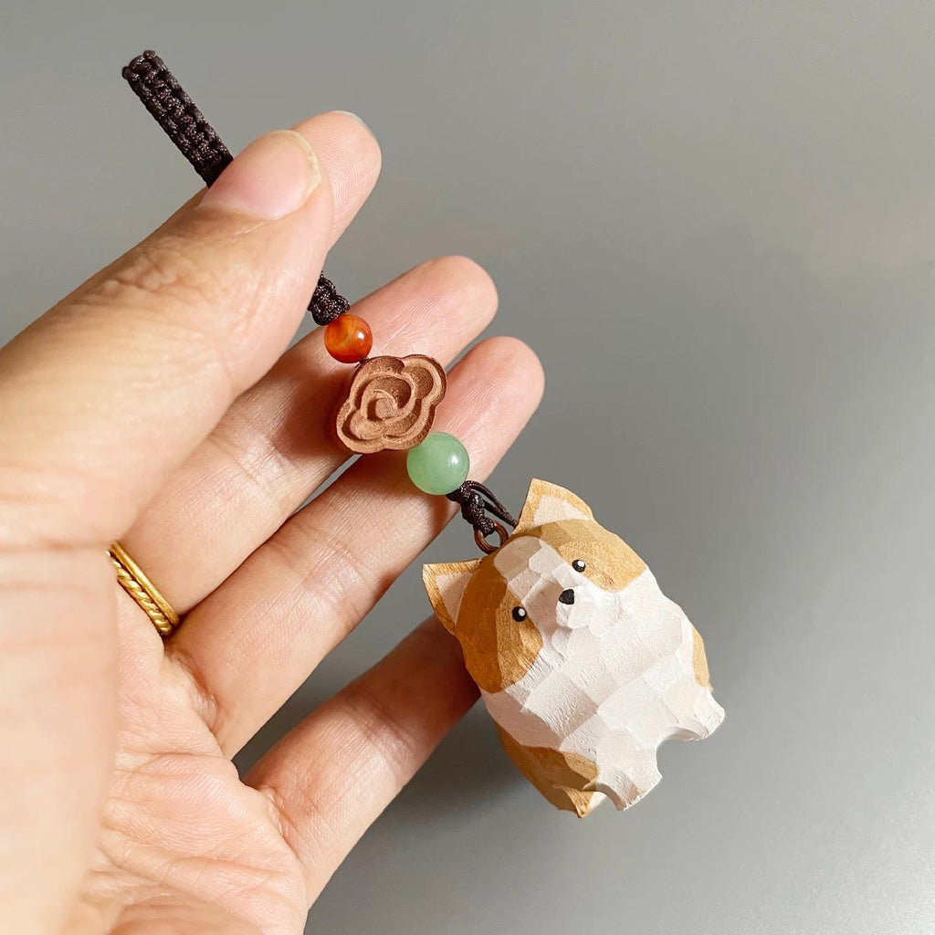 Japanese Style Wooden Corgi Keychain, Hand Carved Corgi Dog Charm, Cute Corgi Bag Charm, Mini Dog Pendant, Gift for Dog Lovers