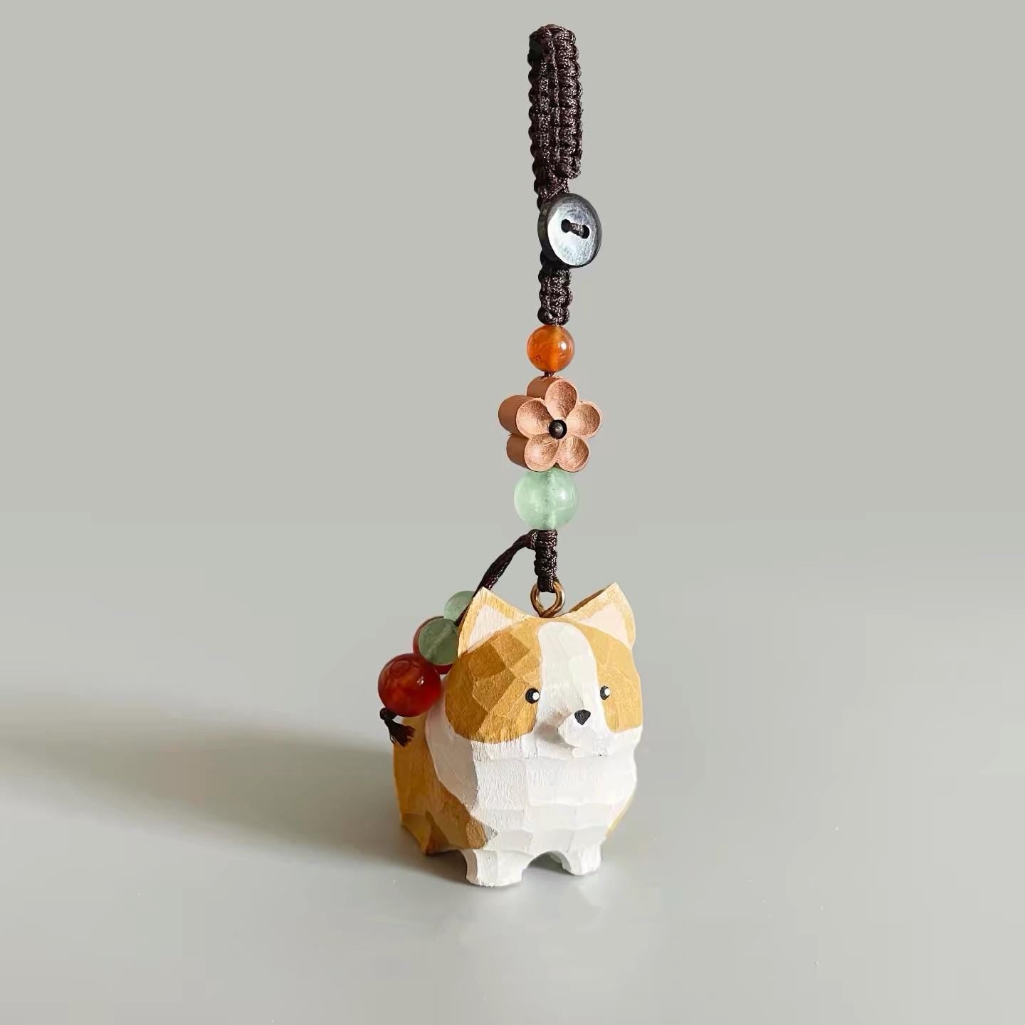 Japanese Style Wooden Corgi Keychain, Hand Carved Corgi Dog Charm, Cute Corgi Bag Charm, Mini Dog Pendant, Gift for Dog Lovers