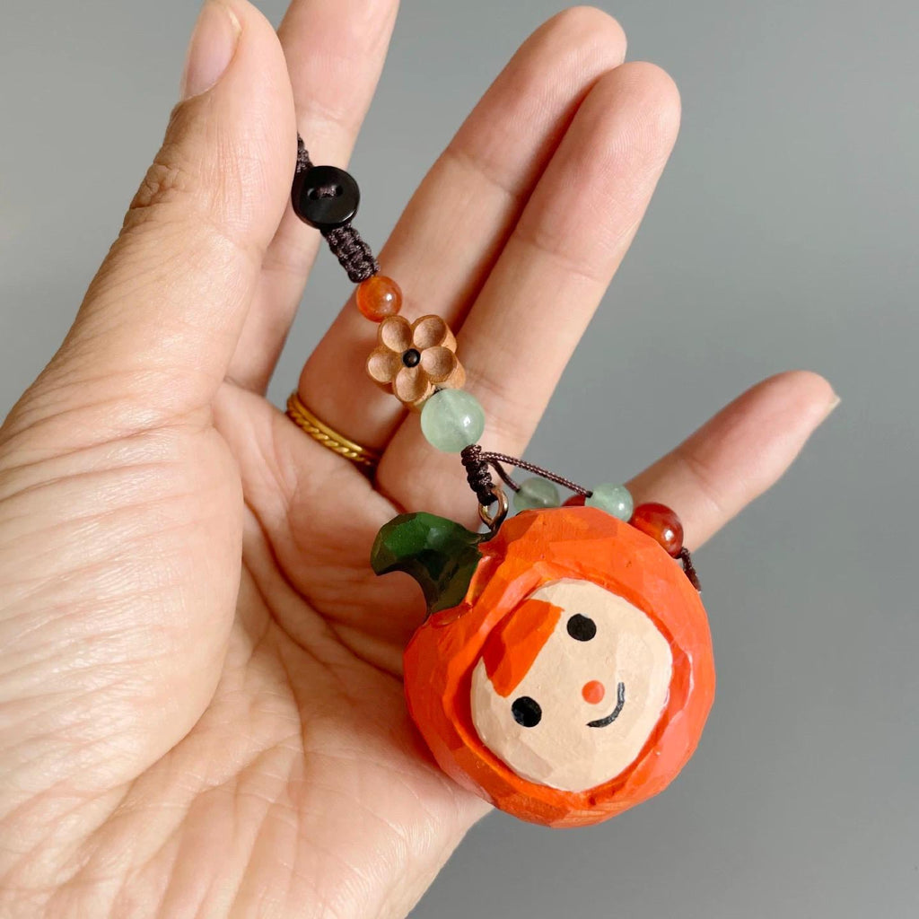 Japanese Style Wooden Persimmon Doll Keychain, Hand Carved Kaki Pendant, Cute Fruit Bag Charm, Mini Gift for Her, Handmade Charm