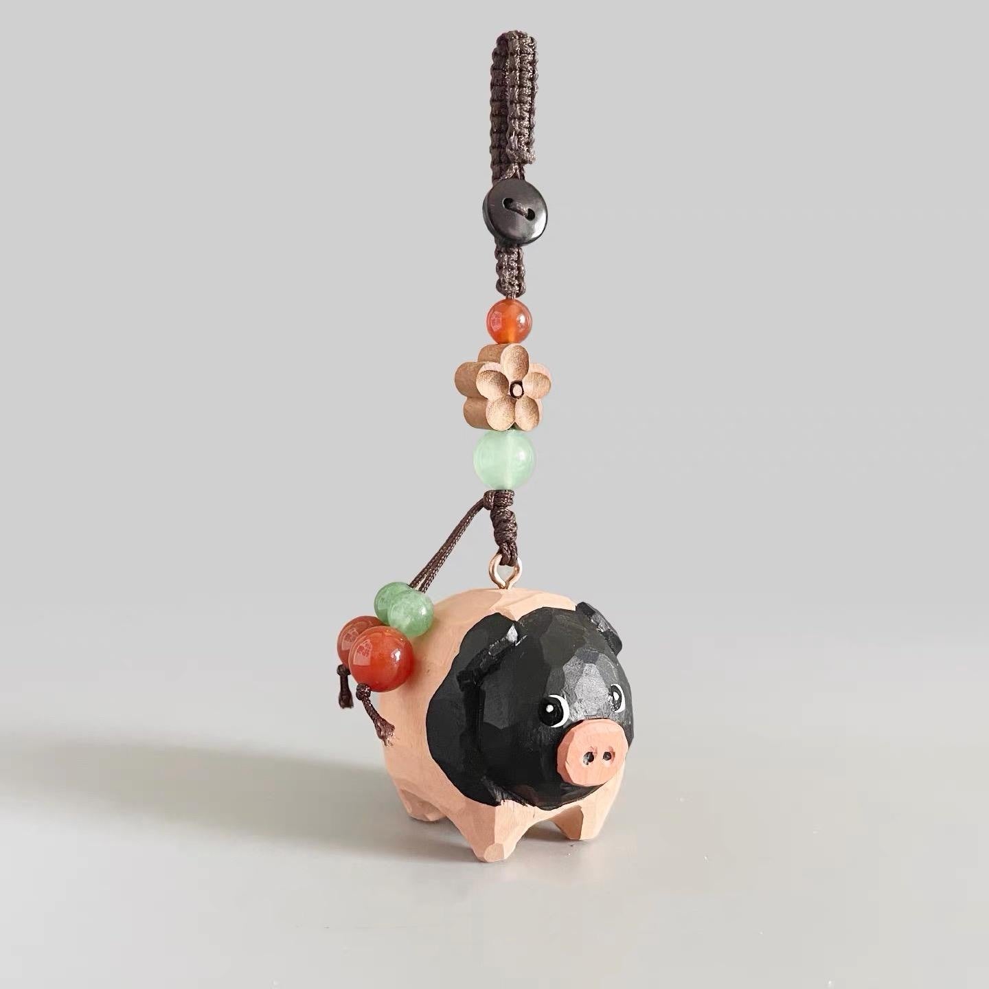Japanese Style Wooden Handmade Pig Keychain, Hand Carved Pig Pendant, Cute Pig Bag Charm, Mini Animal Keyring Gift