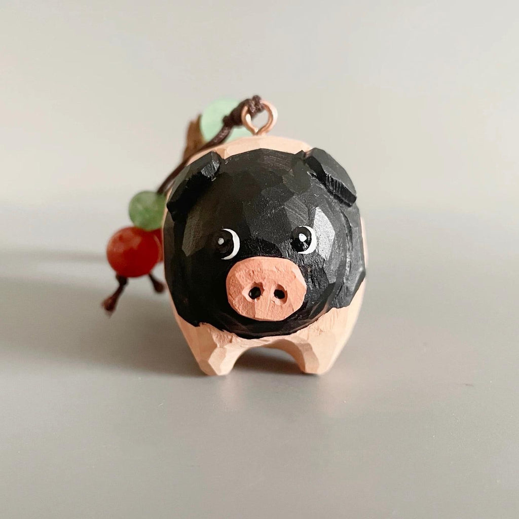 Japanese Style Wooden Handmade Pig Keychain, Hand Carved Pig Pendant, Cute Pig Bag Charm, Mini Animal Keyring Gift