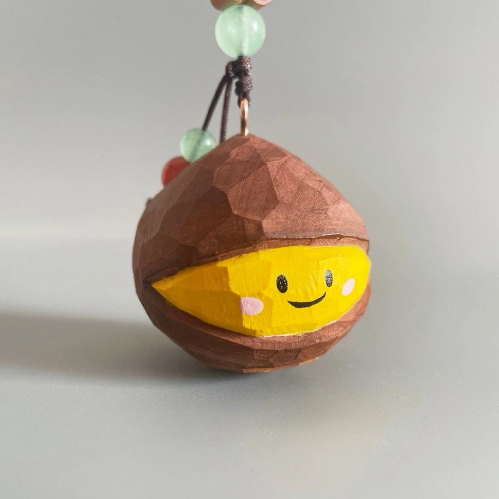 Japanese Style Wooden Chestnut Keychain, Hand Carved Lucky Chestnut Pendant, Cute Kuri Bag Charm, Handmade Good Luck Gift