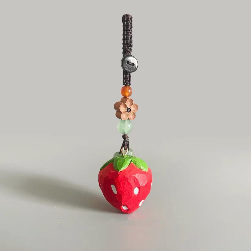 Japanese Style Wooden Strawberry Pendant, Hand Carved Strawberry Keychain, Cute Fruit Bag Charm, Handmade Strawberry Charm, Gift for Her