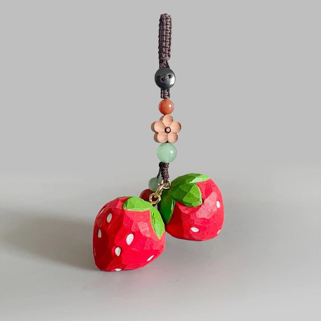 Japanese Style Wooden Strawberry Pendant, Hand Carved Strawberry Keychain, Cute Fruit Bag Charm, Handmade Strawberry Charm, Gift for Her