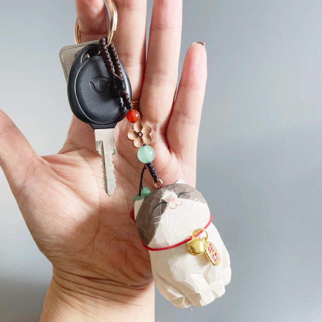 Japanese Wooden British Shorthair Cat Keychain, Hand Carved Lucky Cat Pendant, Chubby Kitty Bag Charm, Animal Keyring, Gift for Cat Lovers