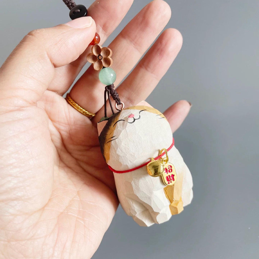 Japanese Style Wooden Lucky Calico Cat Keychain, Hand Carved Maneki Neko Pendant, Woven Three-Color Cat Bag Charm, Prosperity Gift Charm
