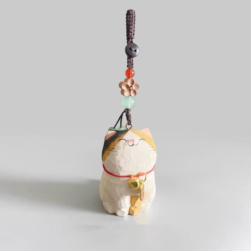 Japanese Style Wooden Lucky Calico Cat Keychain, Hand Carved Maneki Neko Pendant, Woven Three-Color Cat Bag Charm, Prosperity Gift Charm