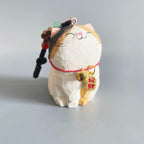Japanese Style Wooden Lucky Calico Cat Keychain, Hand Carved Maneki Neko Pendant, Woven Three-Color Cat Bag Charm, Prosperity Gift Charm