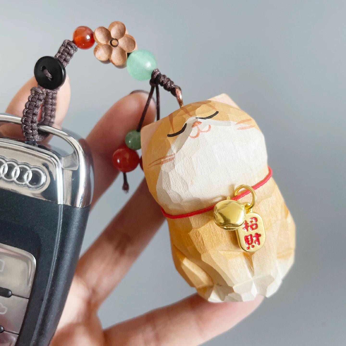 Japanese Style Wooden Lucky Orange Tabby Cat Keychain, Hand Carved Maneki Neko Pendant, Cute Ginger Cat Bag Charm, Fortune Hanging Gift