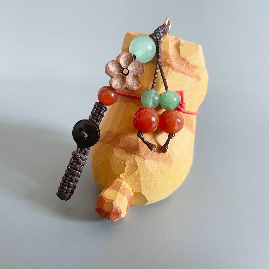 Japanese Style Wooden Lucky Orange Tabby Cat Keychain, Hand Carved Maneki Neko Pendant, Cute Ginger Cat Bag Charm, Fortune Hanging Gift