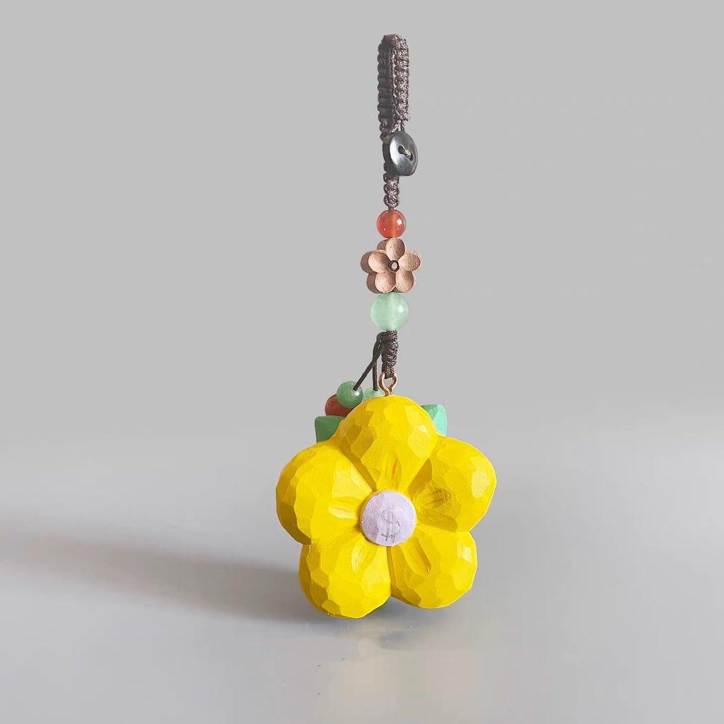 Japanese Style Wooden Lucky Flower Keychain, Hand Carved Yellow Blossom Pendant, Prosperity Flower Bag Charm, Floral Hanging Pendant Gift