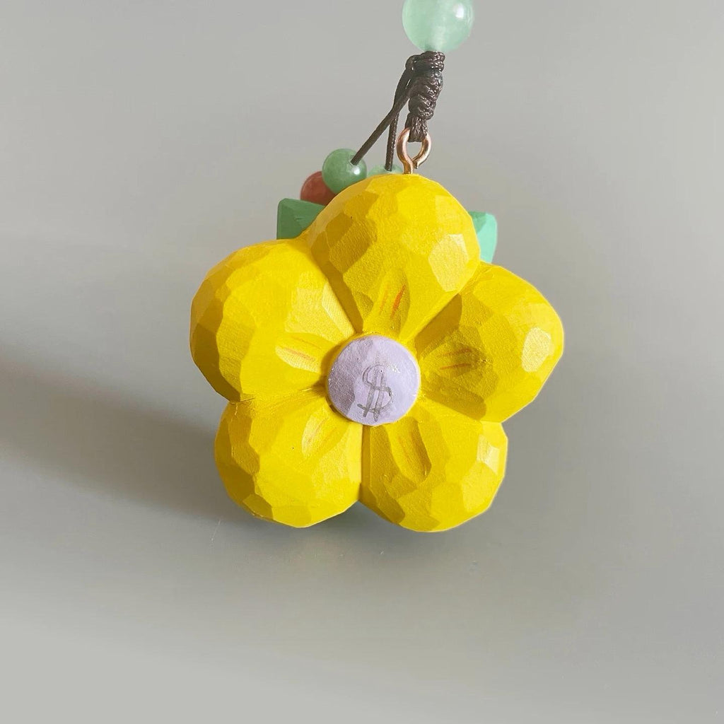 Japanese Style Wooden Lucky Flower Keychain, Hand Carved Yellow Blossom Pendant, Prosperity Flower Bag Charm, Floral Hanging Pendant Gift