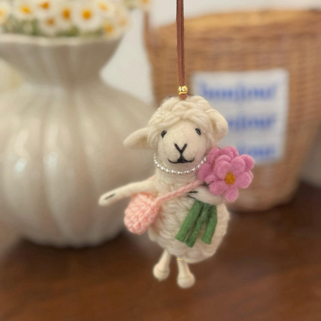 Japanese Handmade Style Lucky Lamb Wool Felt Pendant, Sheep Bag Charm, Pink Flower Lamb Keychain, Cute Animal Hanging Ornament Gift