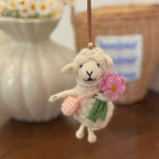 Japanese Handmade Style Lucky Lamb Wool Felt Pendant, Sheep Bag Charm, Pink Flower Lamb Keychain, Cute Animal Hanging Ornament Gift