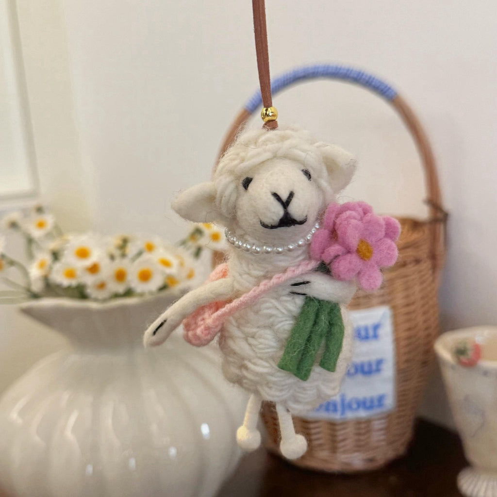 Japanese Handmade Style Lucky Lamb Wool Felt Pendant, Sheep Bag Charm, Pink Flower Lamb Keychain, Cute Animal Hanging Ornament Gift