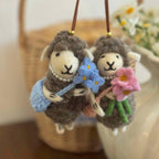 Japanese Style Lucky Gray Lamb Wool Felt Pendant, Handmade Sheep Bag Charm, Blue Flower Lamb Keychain, Cute Animal Hanging Ornament Gift