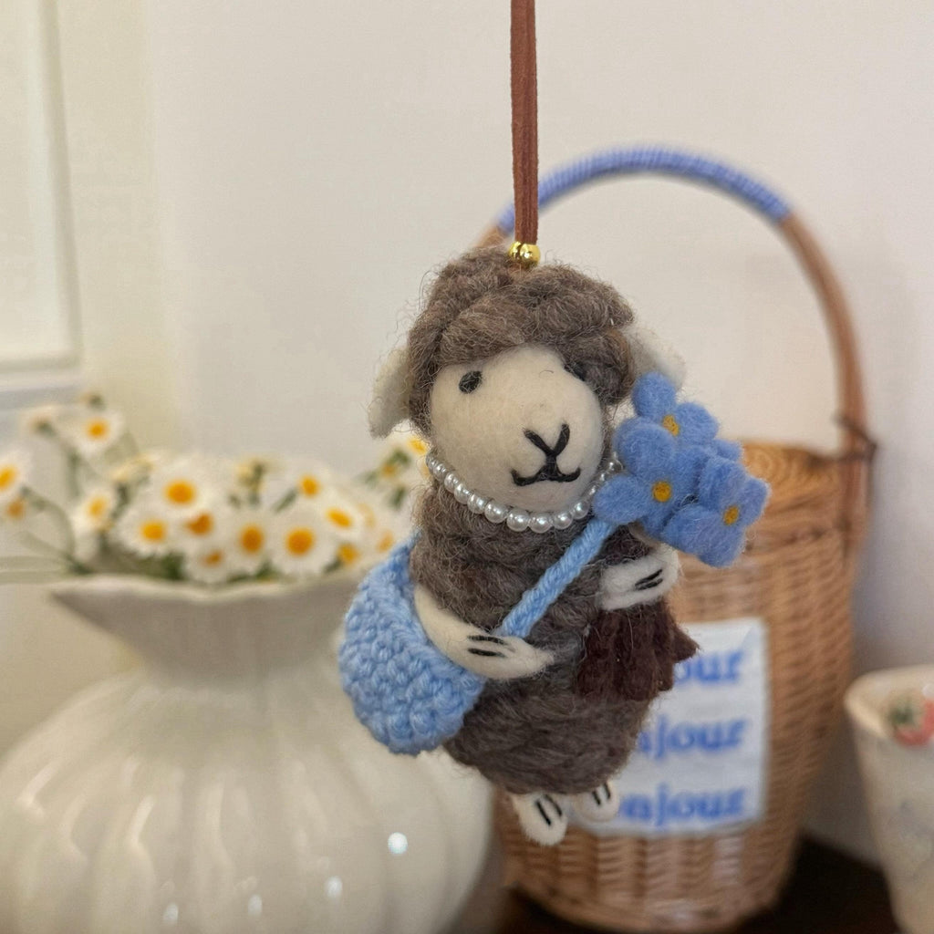 Japanese Style Lucky Gray Lamb Wool Felt Pendant, Handmade Sheep Bag Charm, Blue Flower Lamb Keychain, Cute Animal Hanging Ornament Gift