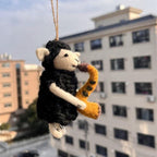 Japanese Style Lucky Saxophone Lamb Wool Felt Pendant, Handmade Black Sheep Bag Charm, Cute Animal Keychain, Music Sheep Hanging Gift