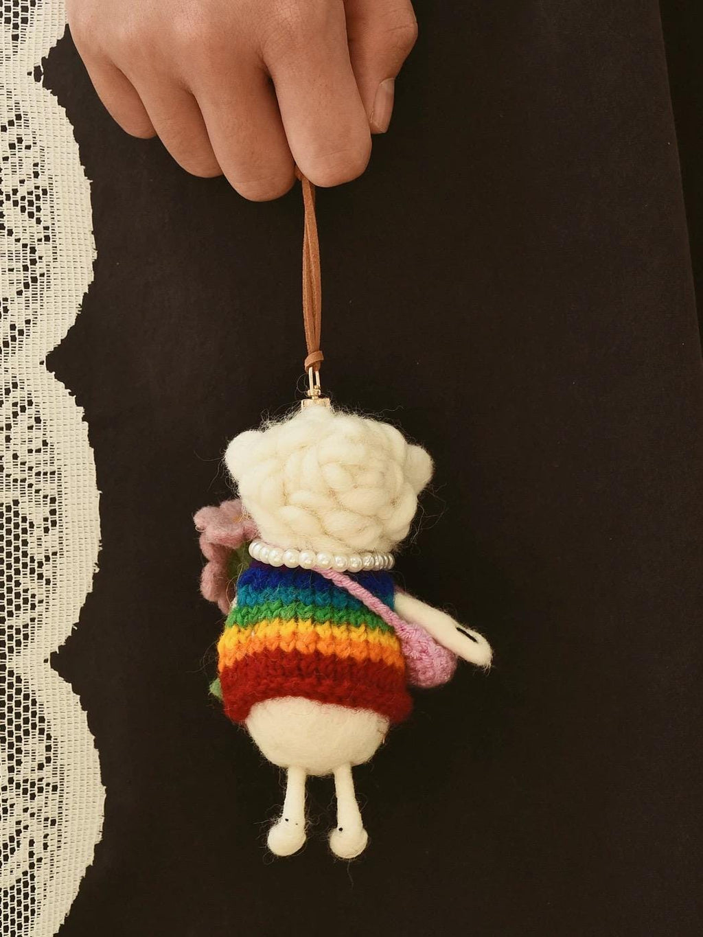 Japanese Style Lucky Rainbow Lamb Wool Felt Pendant, Handmade Sheep Bag Charm, Cute Animal Keychain, Flower Lamb Hanging Ornament Gift