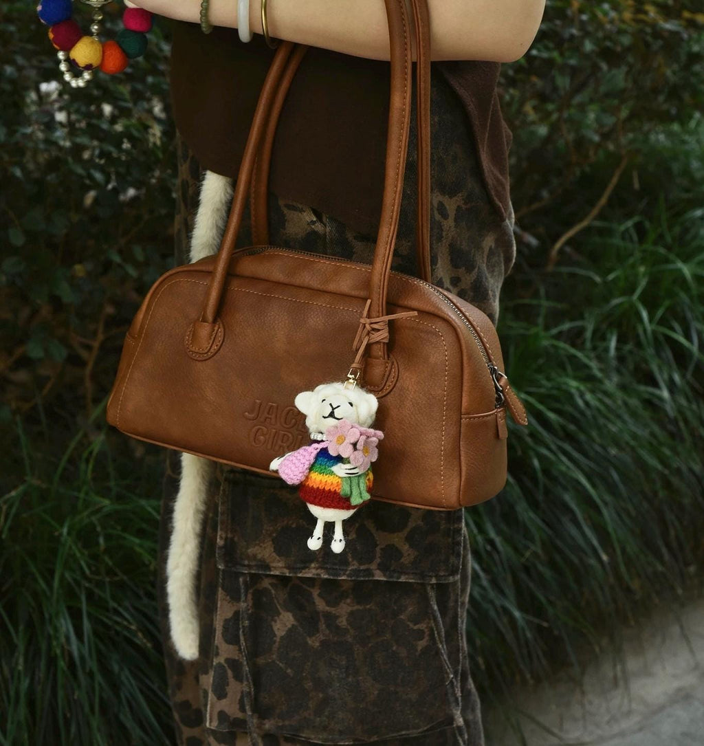Japanese Style Lucky Rainbow Lamb Wool Felt Pendant, Handmade Sheep Bag Charm, Cute Animal Keychain, Flower Lamb Hanging Ornament Gift