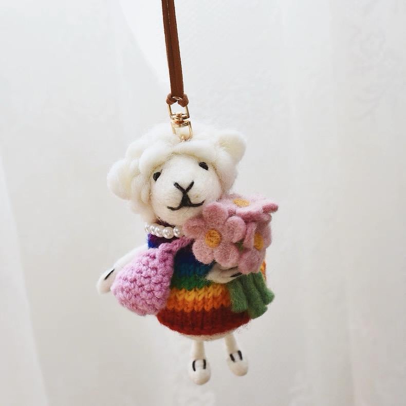 Japanese Style Lucky Rainbow Lamb Wool Felt Pendant, Handmade Sheep Bag Charm, Cute Animal Keychain, Flower Lamb Hanging Ornament Gift