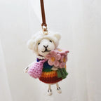 Japanese Style Lucky Rainbow Lamb Wool Felt Pendant, Handmade Sheep Bag Charm, Cute Animal Keychain, Flower Lamb Hanging Ornament Gift