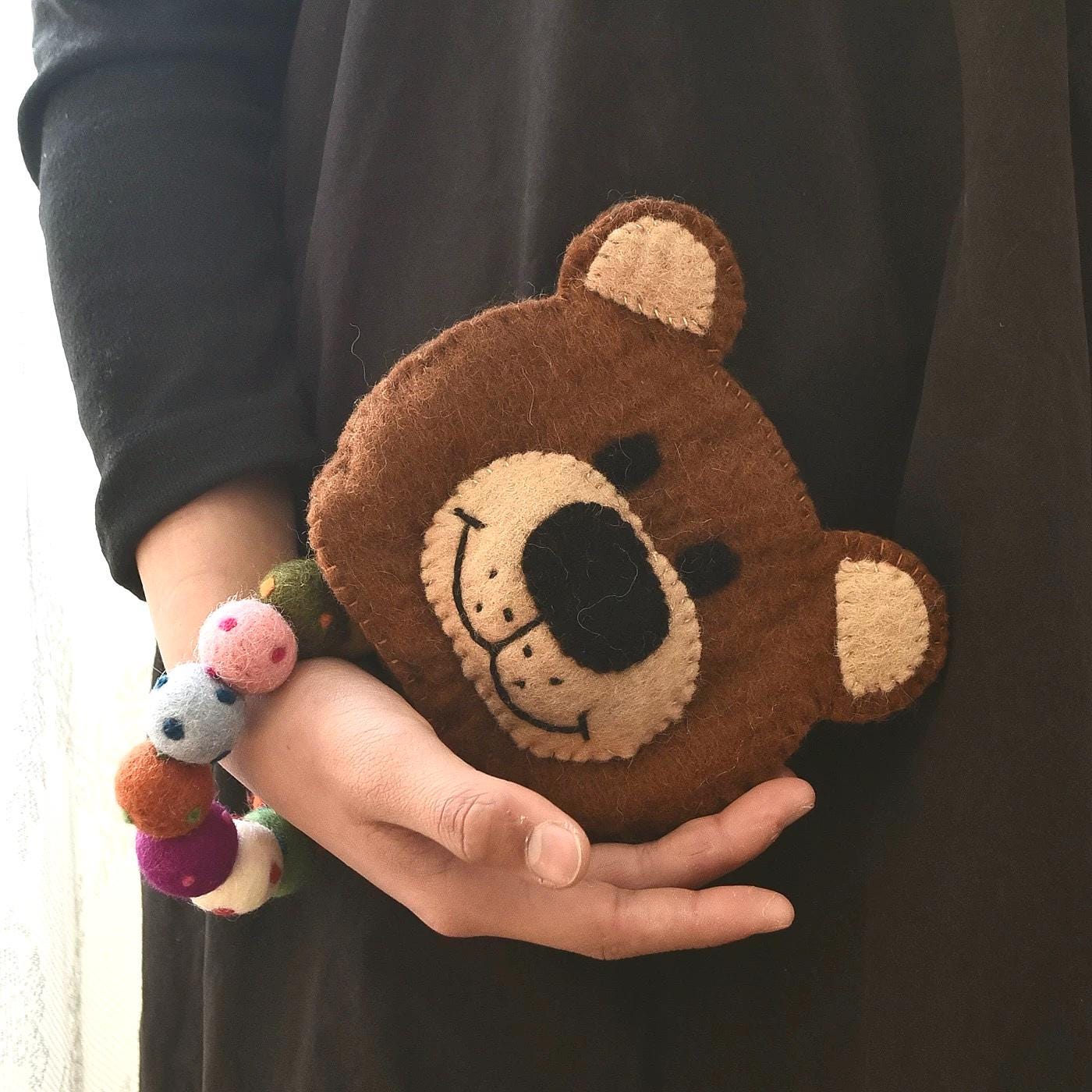 Japanese Style Lucky Felt Bear Coin Purse, Handmade Wool Felt Pouch, Cute Animal Zipper Wallet, Gift for Women