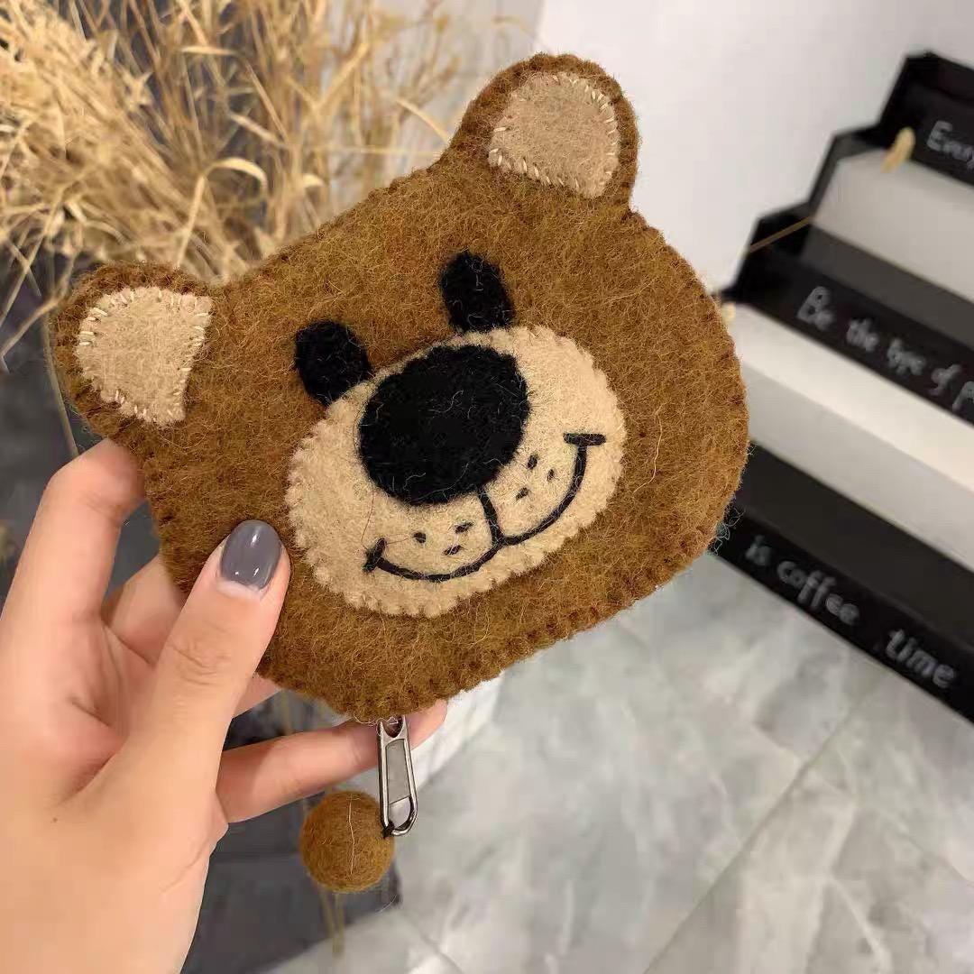 Japanese Style Lucky Felt Bear Coin Purse, Handmade Wool Felt Pouch, Cute Animal Zipper Wallet, Gift for Women
