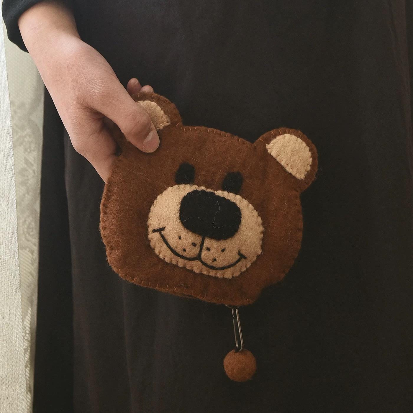 Japanese Style Lucky Felt Bear Coin Purse, Handmade Wool Felt Pouch, Cute Animal Zipper Wallet, Gift for Women