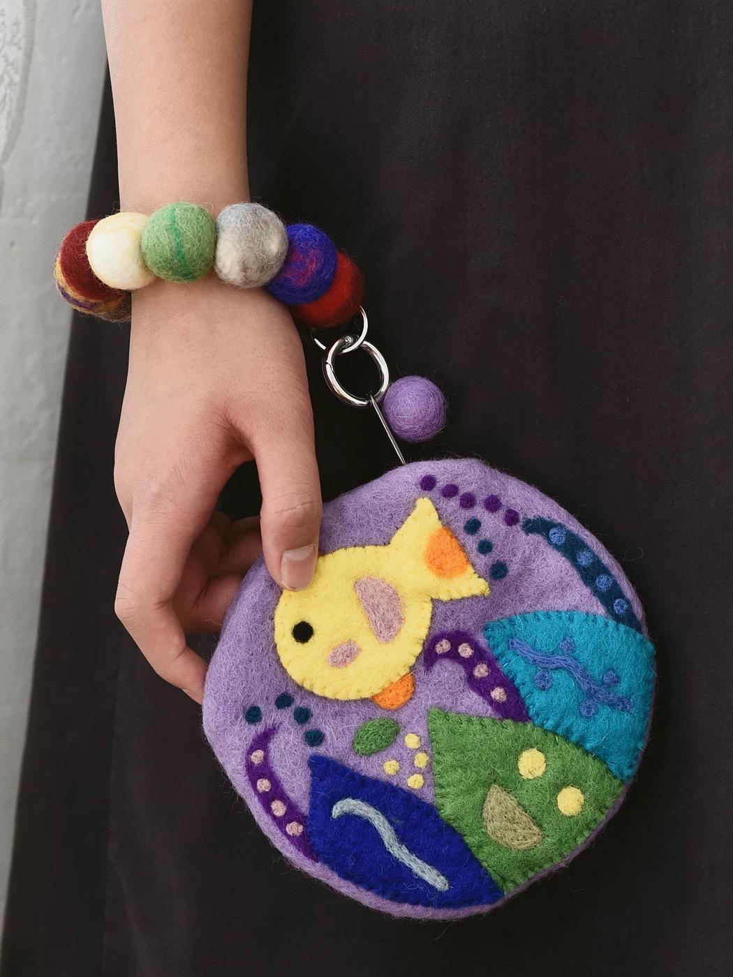 Japanese Style Lucky Felt Fish Coin Purse, Handmade Wool Felt Round Pouch, Cute Cartoon Zipper Wallet, Colorful Wrist Bag Charm Gift