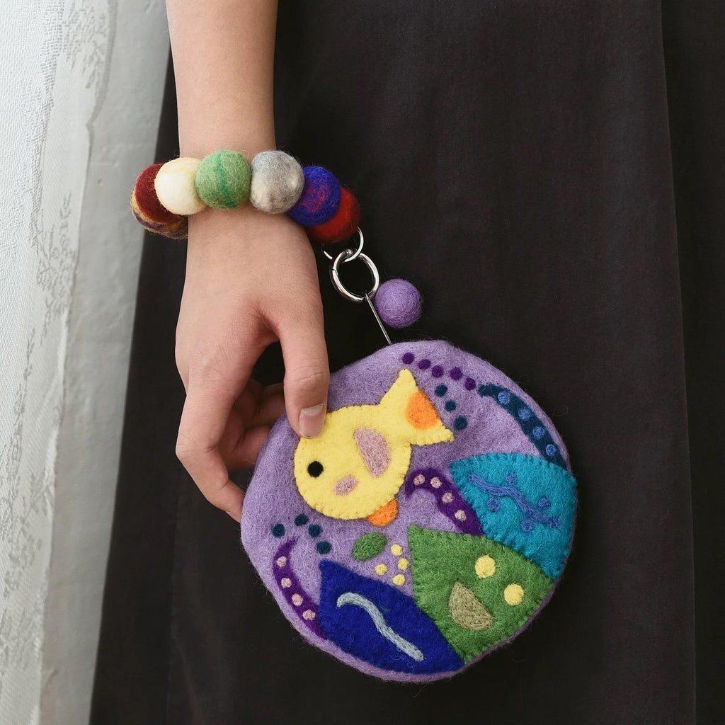 Japanese Style Lucky Felt Fish Coin Purse, Handmade Wool Felt Round Pouch, Cute Cartoon Zipper Wallet, Colorful Wrist Bag Charm Gift