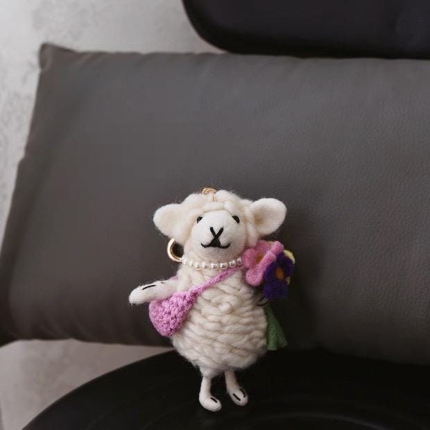 Japanese Style Lucky Felt Sheep Pendant, Tulip Dress Lamb Charm, Handmade Wool Felt Animal Bag Charm, Cute Flower Sheep Keychain Gift