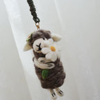Japanese Style Lucky Felt Sheep Pendant, Handmade Brown Lamb with White Flower Charm, Wool Felt Animal Bag Charm, Cute Sheep Keychain Gift