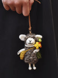 Japanese Style Lucky Felt Sheep Pendant, Handmade Brown Lamb with Yellow Flower, Wool Felt Animal Bag Charm, Cute Sheep Keychain Gift