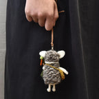 Japanese Style Lucky Felt Sheep Pendant, Handmade Brown Lamb with Yellow Flower, Wool Felt Animal Bag Charm, Cute Sheep Keychain Gift
