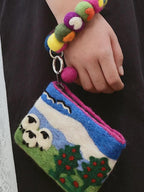 Japanese Style Lucky Felt Coin Purse, Handmade Wool Landscape Pouch with Sheep Scene, Cute Small Wallet, Gift for Her, Wrist Strap Bag