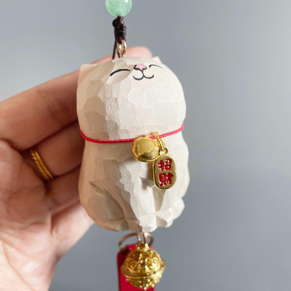 Japanese Style Lucky Maneki Neko Car Mirror Pendant, Hand Carved Wooden Cat Hanging Ornament, Good Luck Charm, Rearview Mirror Decor Gift