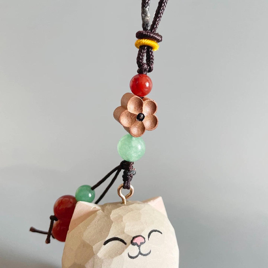 Japanese Style Lucky Maneki Neko Car Mirror Pendant, Hand Carved Wooden Cat Hanging Ornament, Good Luck Charm, Rearview Mirror Decor Gift