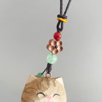 Japanese Style Lucky Gold Maneki Neko Hanging Ornament, Hand Carved Wooden Cat Charm, Feng Shui Wealth Amulet, Rearview Mirror Decor Gift