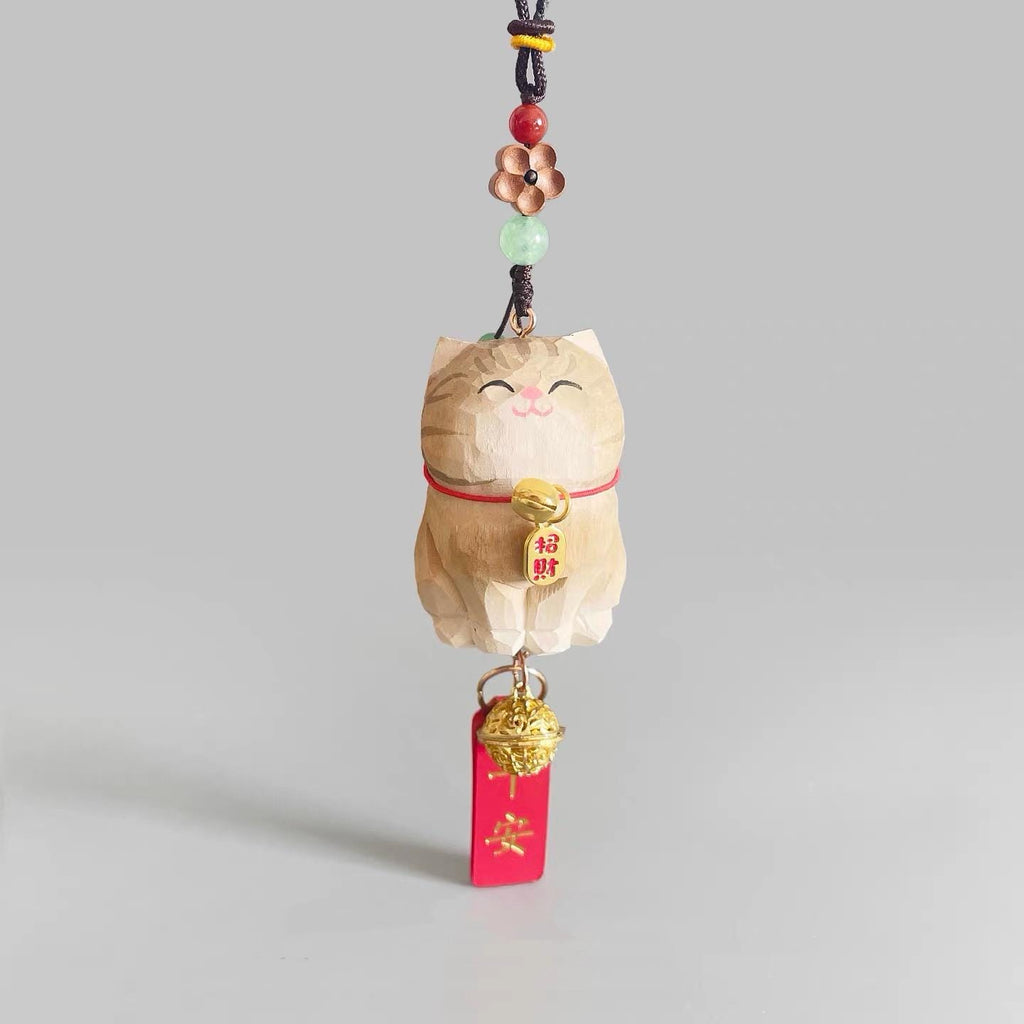 Japanese Style Lucky Gold Maneki Neko Hanging Ornament, Hand Carved Wooden Cat Charm, Feng Shui Wealth Amulet, Rearview Mirror Decor Gift