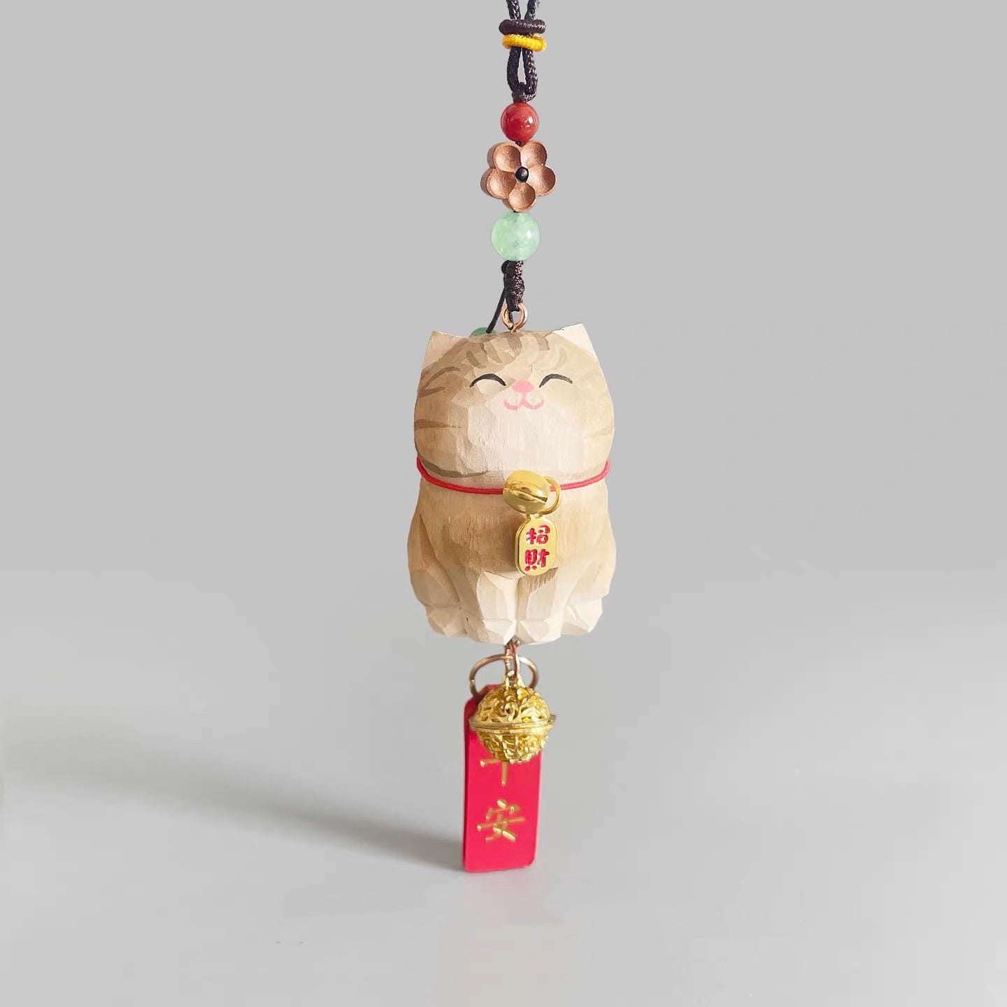 Japanese Style Lucky Gold Maneki Neko Hanging Ornament, Hand Carved Wooden Cat Charm, Feng Shui Wealth Amulet, Rearview Mirror Decor Gift