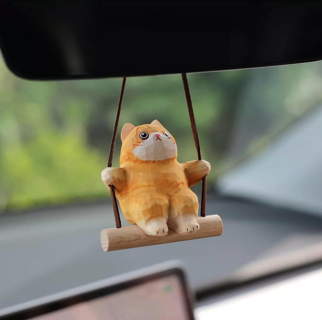 Japanese Style Orange Cat Swing Hanging Ornament, Hand Carved Wooden Cute Cat Charm, Rearview Mirror Decor, Car Hanging Gift