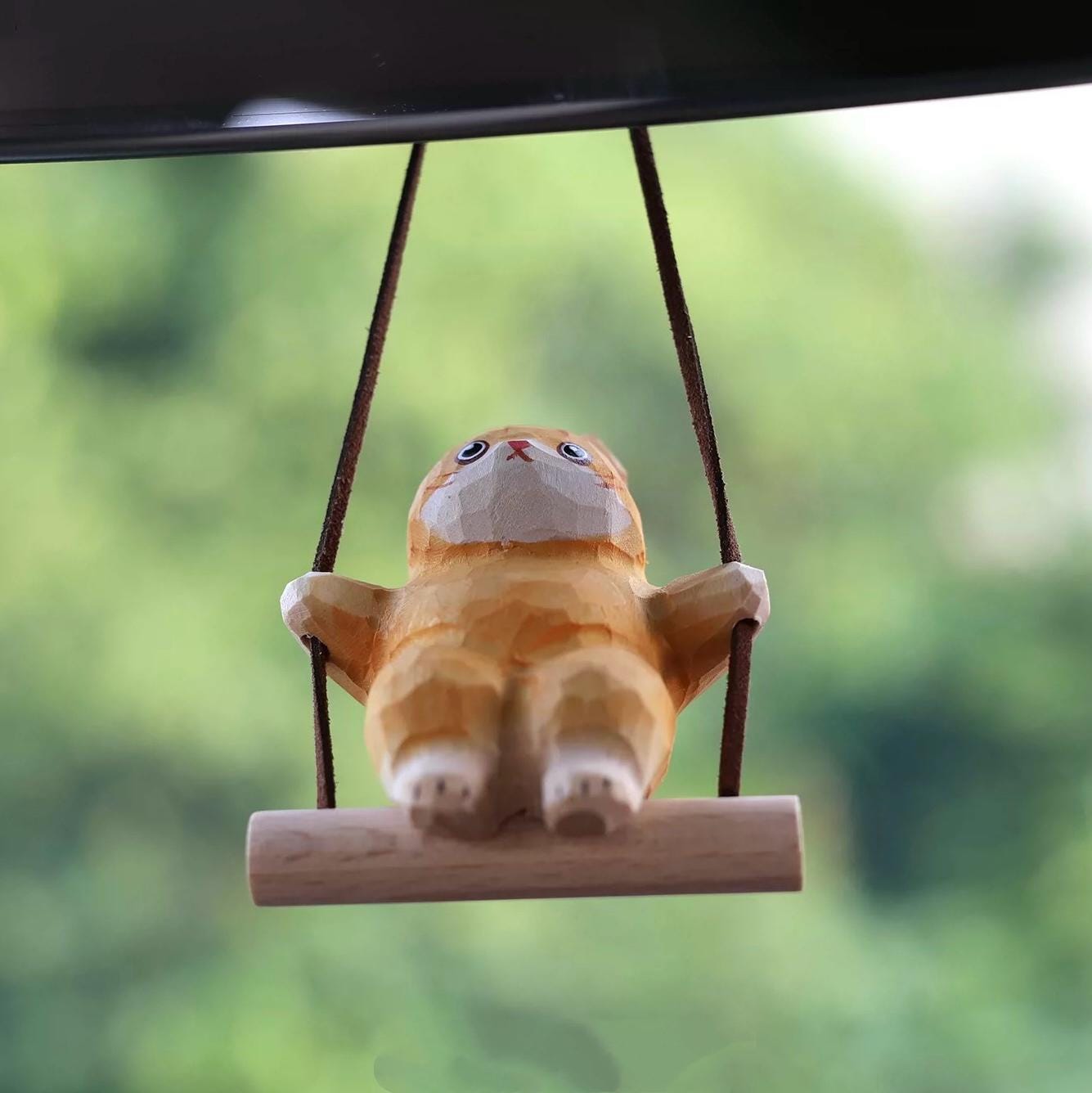 Japanese Style Orange Cat Swing Hanging Ornament, Hand Carved Wooden Cute Cat Charm, Rearview Mirror Decor, Car Hanging Gift