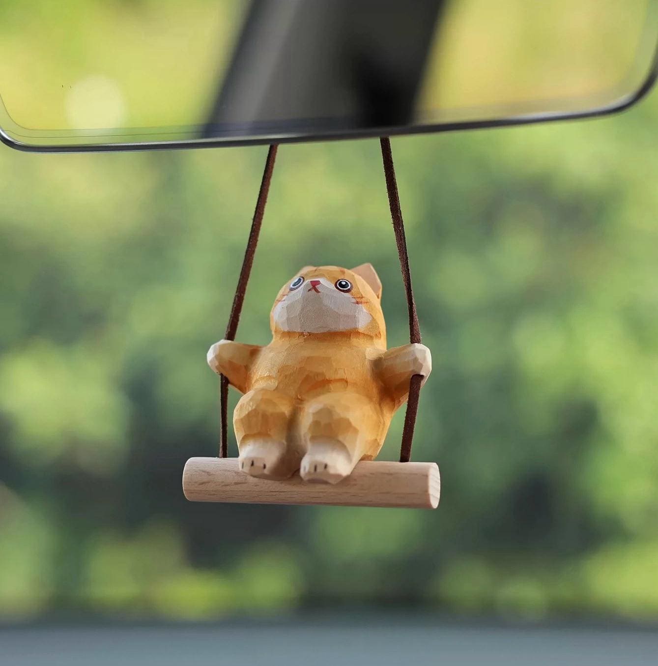 Japanese Style Orange Cat Swing Hanging Ornament, Hand Carved Wooden Cute Cat Charm, Rearview Mirror Decor, Car Hanging Gift