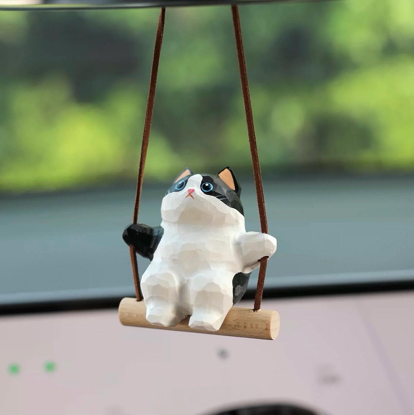 Japanese Style Black & White Cat Swing Hanging Ornament, Hand Carved Wooden Cute Cat Charm, Rearview Mirror Decor, Car Hanging Gift