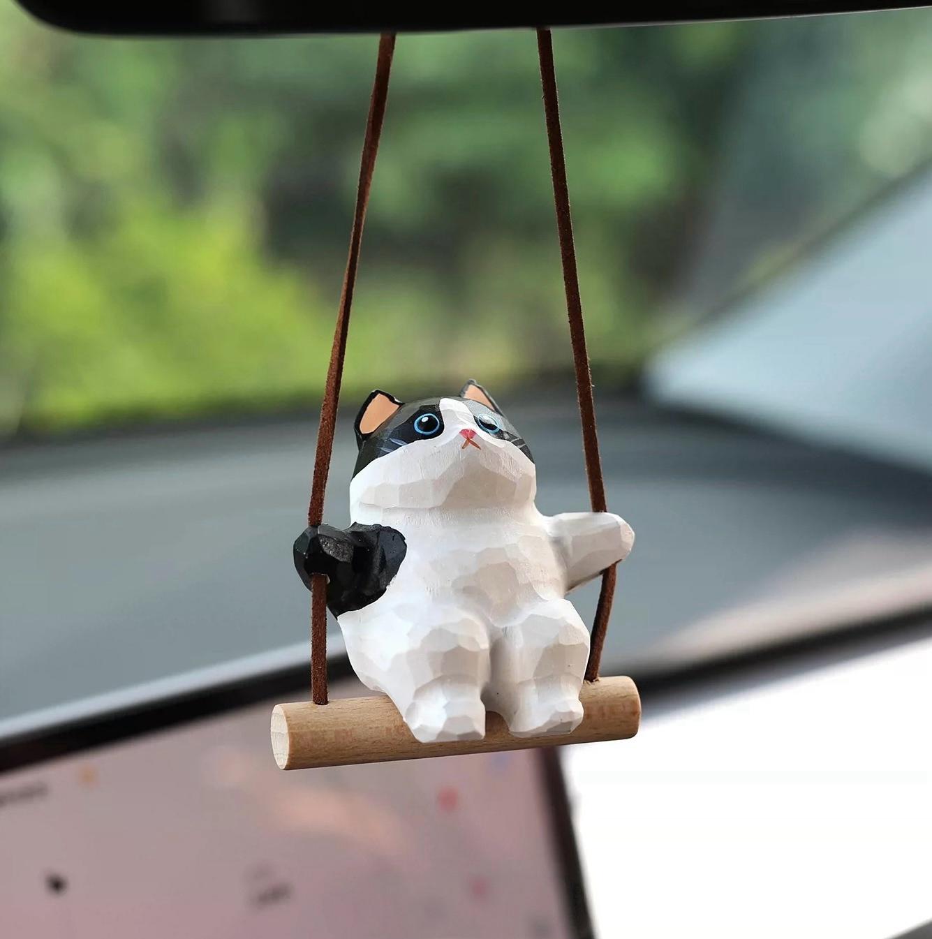 Japanese Style Black & White Cat Swing Hanging Ornament, Hand Carved Wooden Cute Cat Charm, Rearview Mirror Decor, Car Hanging Gift