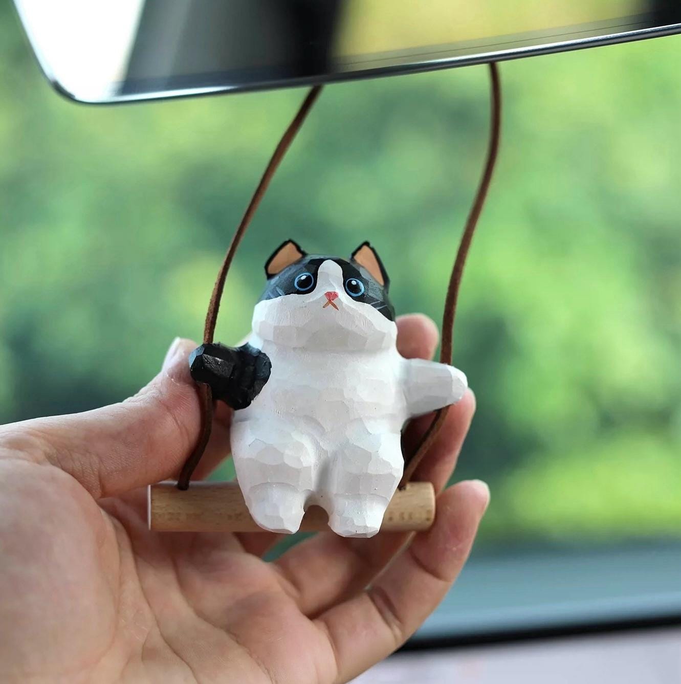 Japanese Style Black & White Cat Swing Hanging Ornament, Hand Carved Wooden Cute Cat Charm, Rearview Mirror Decor, Car Hanging Gift