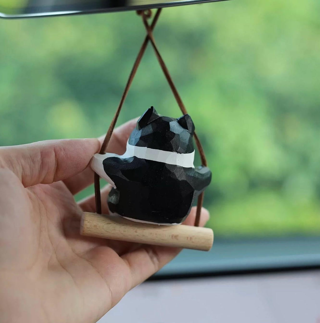Japanese Style Black & White Cat Swing Hanging Ornament, Hand Carved Wooden Cute Cat Charm, Rearview Mirror Decor, Car Hanging Gift