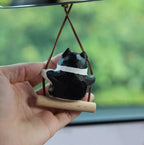 Japanese Style Black & White Cat Swing Hanging Ornament, Hand Carved Wooden Cute Cat Charm, Rearview Mirror Decor, Car Hanging Gift